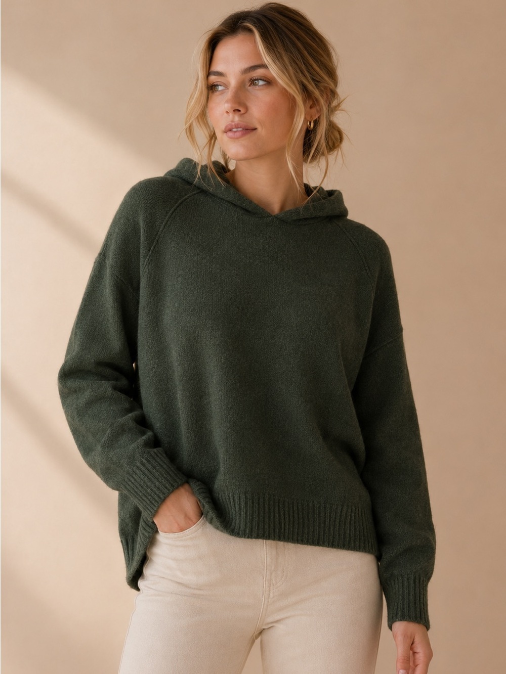 Korye Forest Green Hooded Knit Sweater Size Large Soft Minimalist Pullover